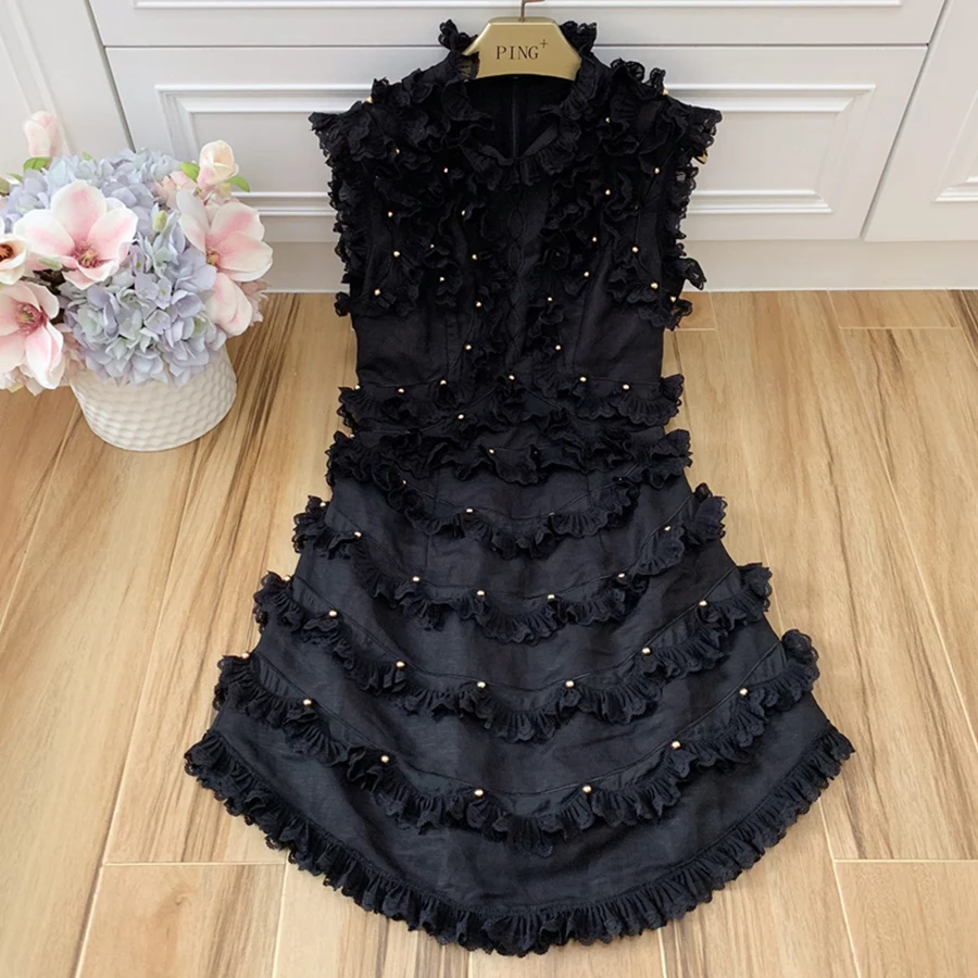 Новые летние дизайнерские Для женщин льняные бусы Vestidos без рукавов вечернее платье с оборками Femme Белый Черные вечерние платья E13
