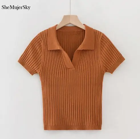 red blouse SheMujerSky, трикотажная рубашка поло, Женская одноцветная блузка с отложным воротником,, летние топы koszula damsk - Цвет: red blouse