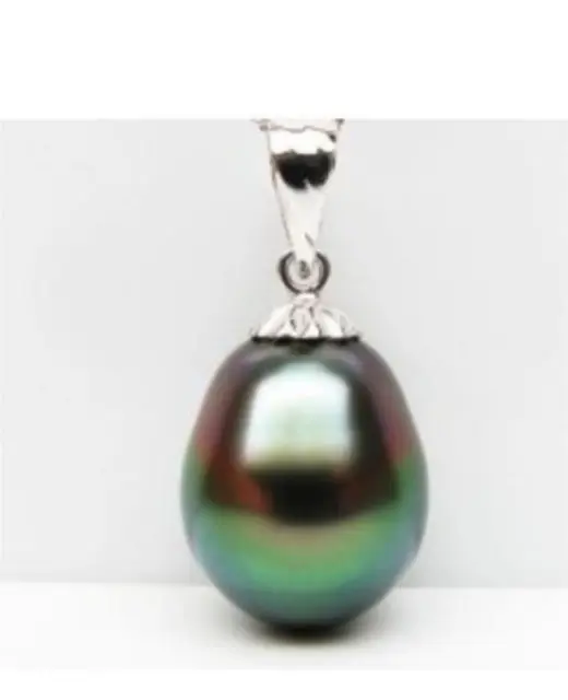 charming natural tahitian peacock green drop pearl pendant silver bail