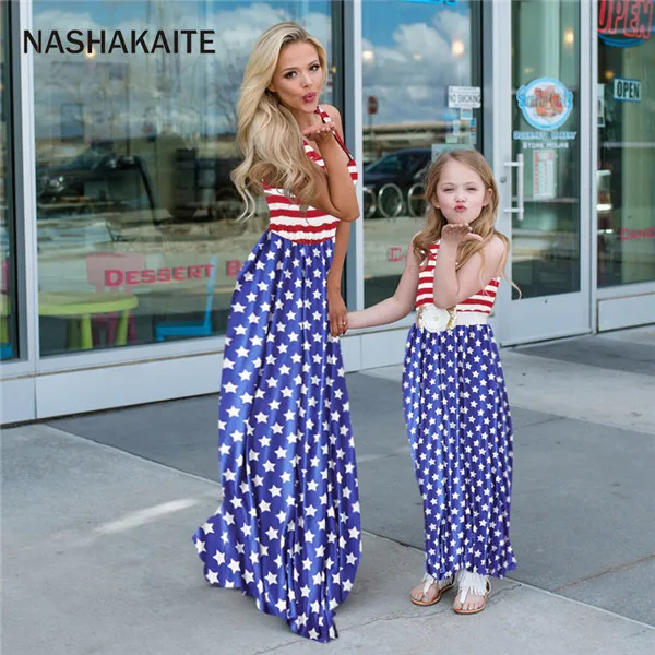 Striped Stars NASHAKAITE/платья для мамы и дочки; повседневное длинное платье в стиле пэчворк без рукавов с цветочным рисунком для мамы и дочки; одежда «Мама и я» - Цвет: Striped Stars