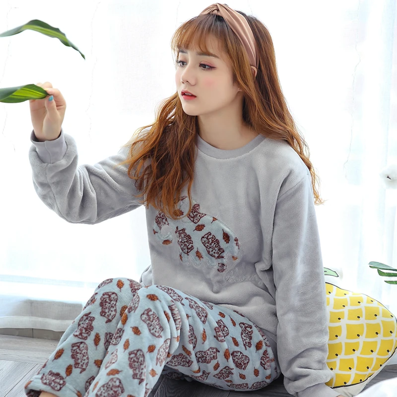 Autumn Winter Women Flannel Long Sleeve Pyjamas Sets Thick Warm Coral Velvet Pajamas Suit Female Cartoon Gray Elephant Sleepwear | Женская