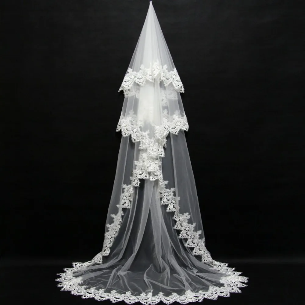 Соборная свадебная вуаль один слой 3 м тюль кружевная кромка белая фата Длинные