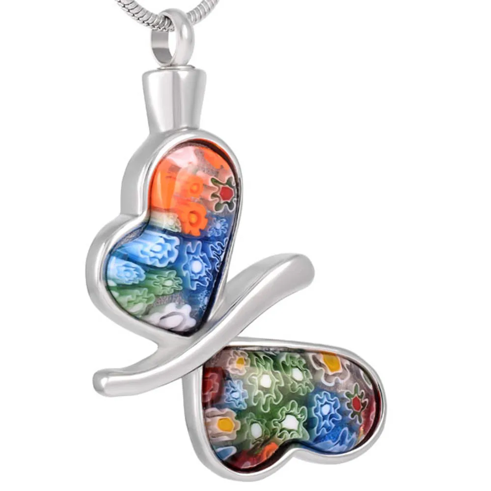 

Stainless Steel Memorial Jewelry Ashes Keepsake Pendant for Ash Holder Millefiori Glass Butterfly Cremation Urn Necklace