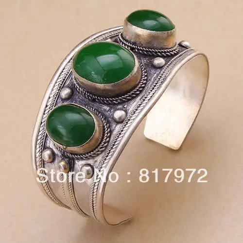 Овальный зеленый шарик инкрустация Тибет Серебряный Браслет-манжета гарантия