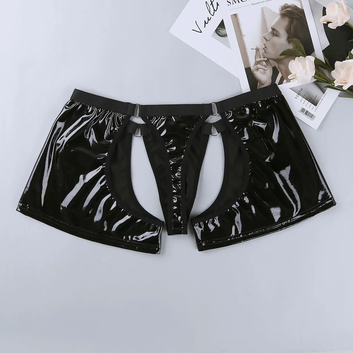 Сексуальное мужское блестящее нижнее белье из искусственной кожи черные трусы