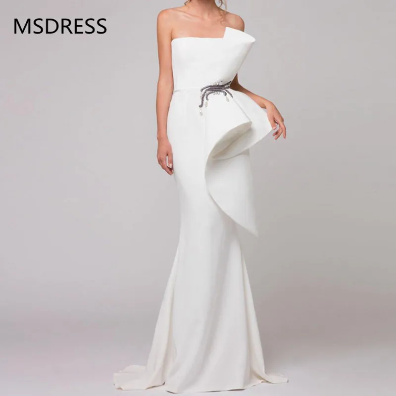 

Elegant Formal Dress White Evening Dresses 2019 Satin Ruffles Beaded Saudi Arabic Mermaid Evening Gown Long abendkleider