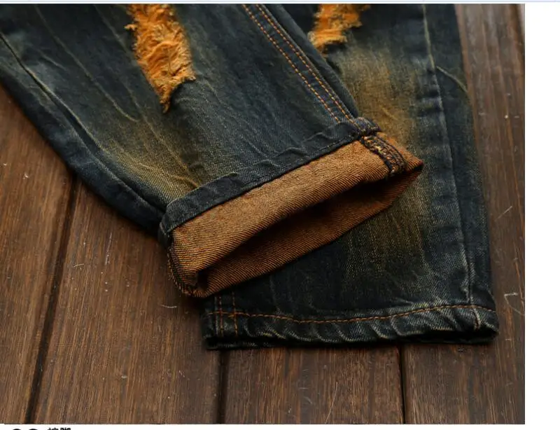 

High Street Style Denim Jeans New Fashion Men Holes Straight Jeans Large Size Men Cotton Black Denim Long Jeans Size 42