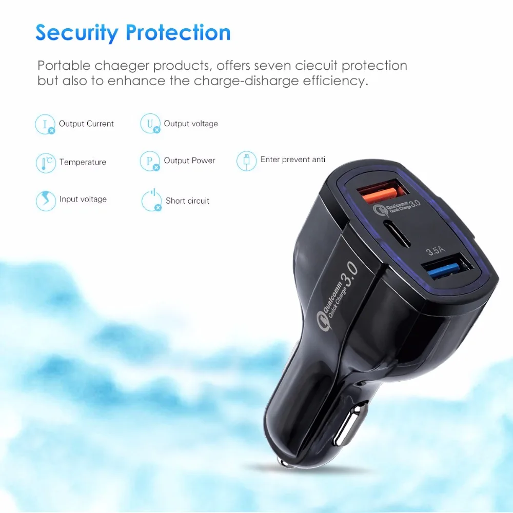 SOONHUA QC3.0 USB Автомобильное зарядное устройство смарт автомобильное зарядное устройство адаптер двойной USB+ type-C 3 порта быстрая зарядка автомобильное зарядное устройство для мобильного телефона s