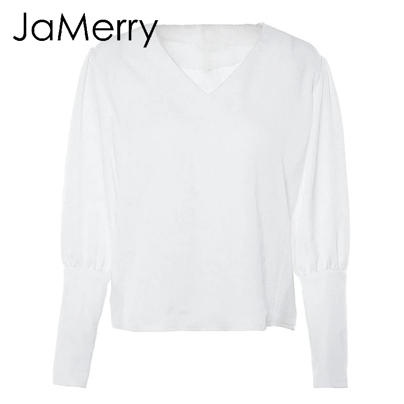 Белый JaMerry, винтажная белая блузка с пышными рукавами, рубашка, женские топы на пуговицах, v-образный вырез, длинный рукав, элегантная Офисная женская уличная одежда, блузы, рубашки - Цвет: Белый
