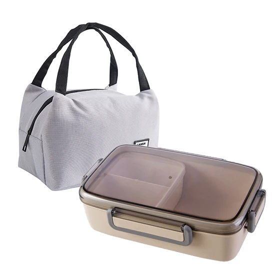beige grey Портативная микроволновая коробка для ланча, контейнер для еды из бамбукового волокна, герметичная коробка для бэнто, 3 самостоятельные решетки, школьная коробка для ланча для пикника - Цвет: beige grey