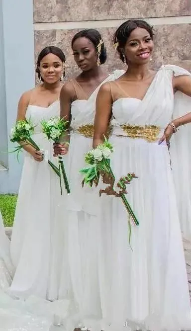 African Cheap Chiffon One Shoulder Bridesmaid Dresses Country Pearts Wedding Party with Sash Beaded Plus Size | Свадьбы и торжества