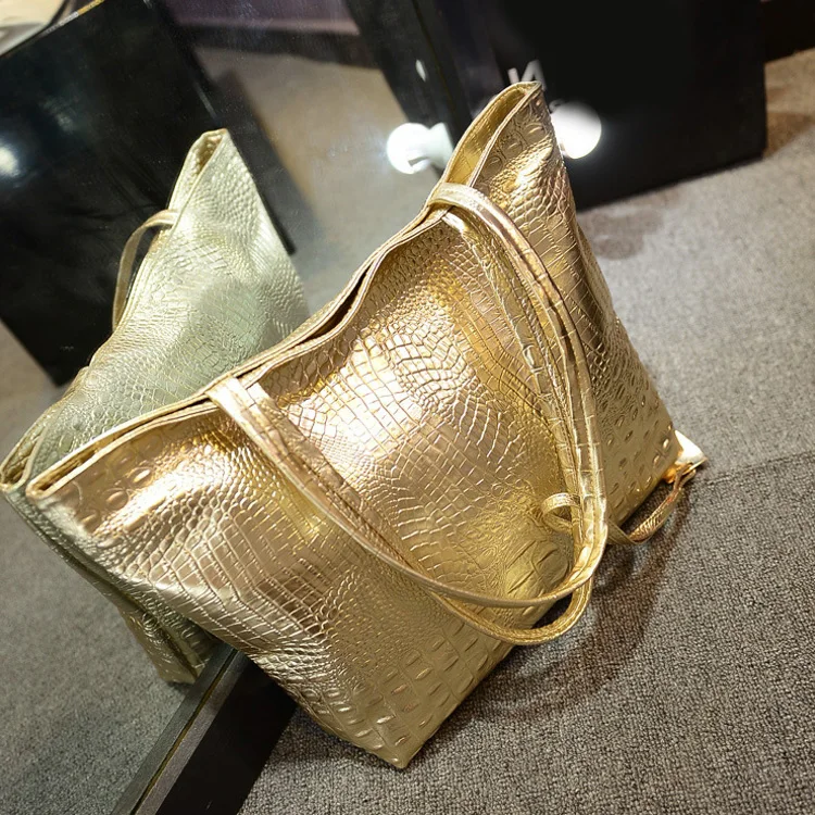 Модный Бренд Женщин Сумки На Ремне Серебро Золото Крокодил Сумочка Кожа PU