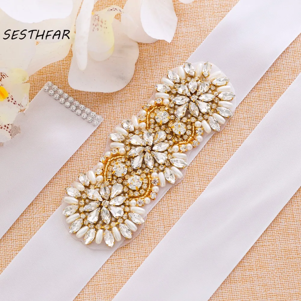 

SESTHFAR Crystal Wedding Belt Gold Rhinestones Bridal Sash Handmade Thin Bridal Belt For Brideamaid Dresses