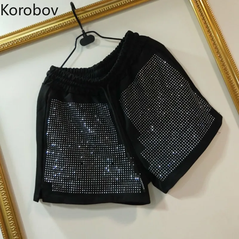 

Korobov алмазные Лоскутные черные шорты размера плюс эластичная резинка на талии новые женские Шорты повседневные корейские осенние XL-6XL шорты...