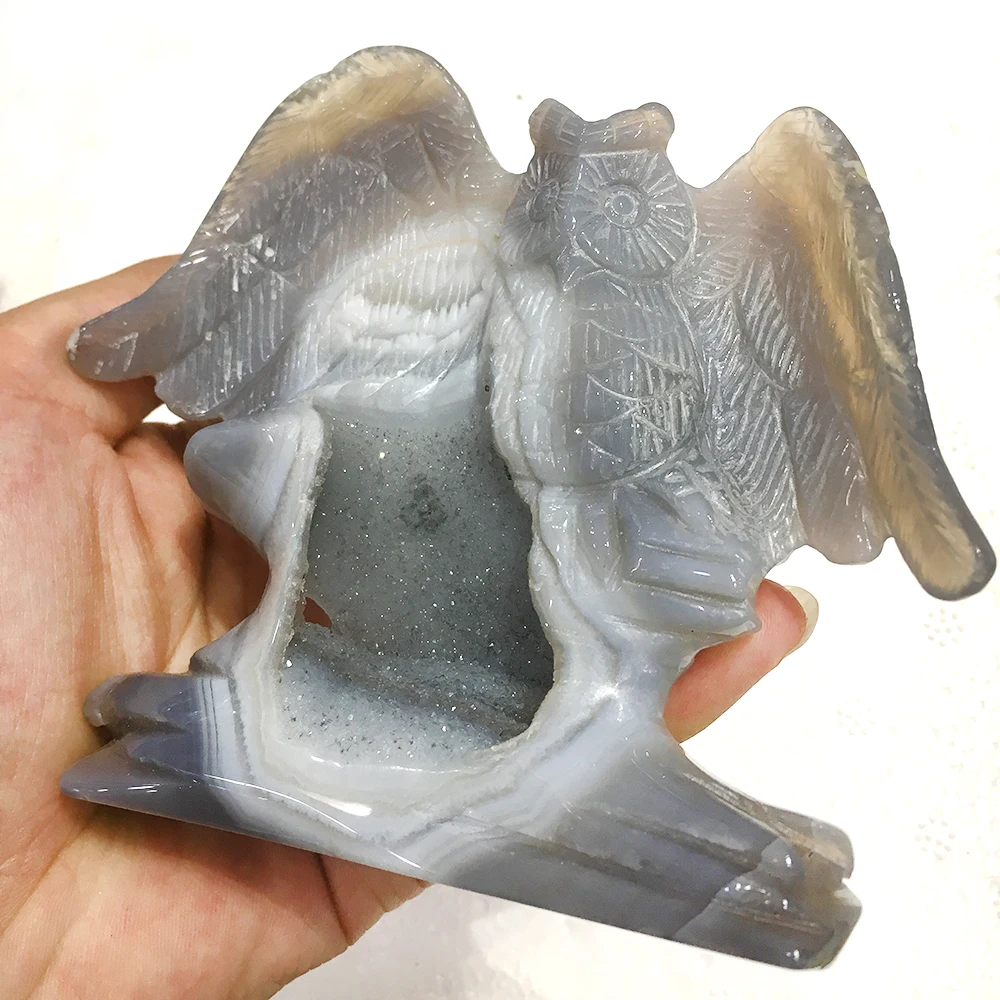 

Natural Agate Geode Owl Figurine Hand Carved Quartz Crystal Cluster Owl Healing Crystal Stone Crafts Home Decoration
