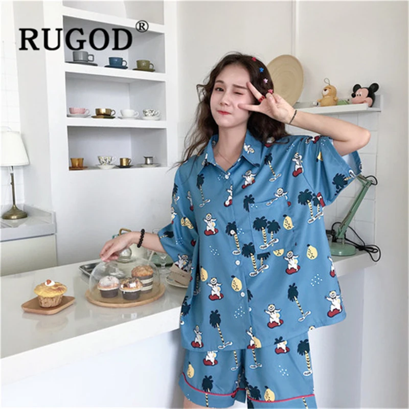RUGOD/Повседневная Женская одежда для сна из 2 предметов Харадзюку С мультяшным принтом, домашняя пижама большого размера Женская Корейская летняя одежда для сна femme
