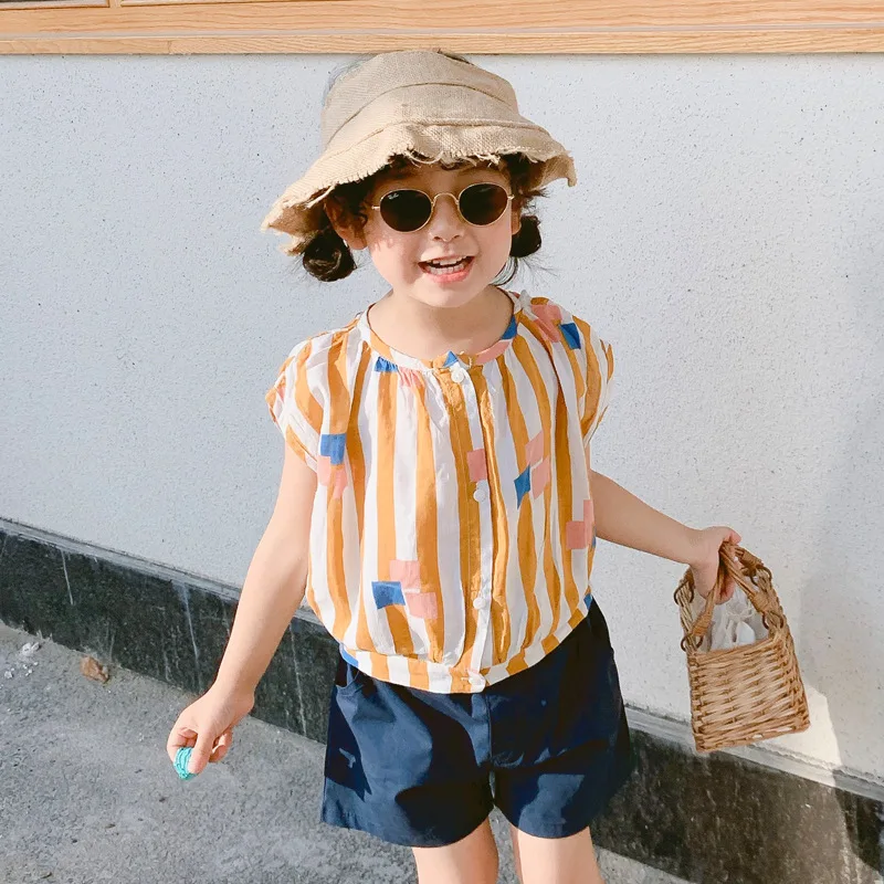 Милые свободные блузки в Вертикальную Полоску Корейском стиле для девочек От 1 до