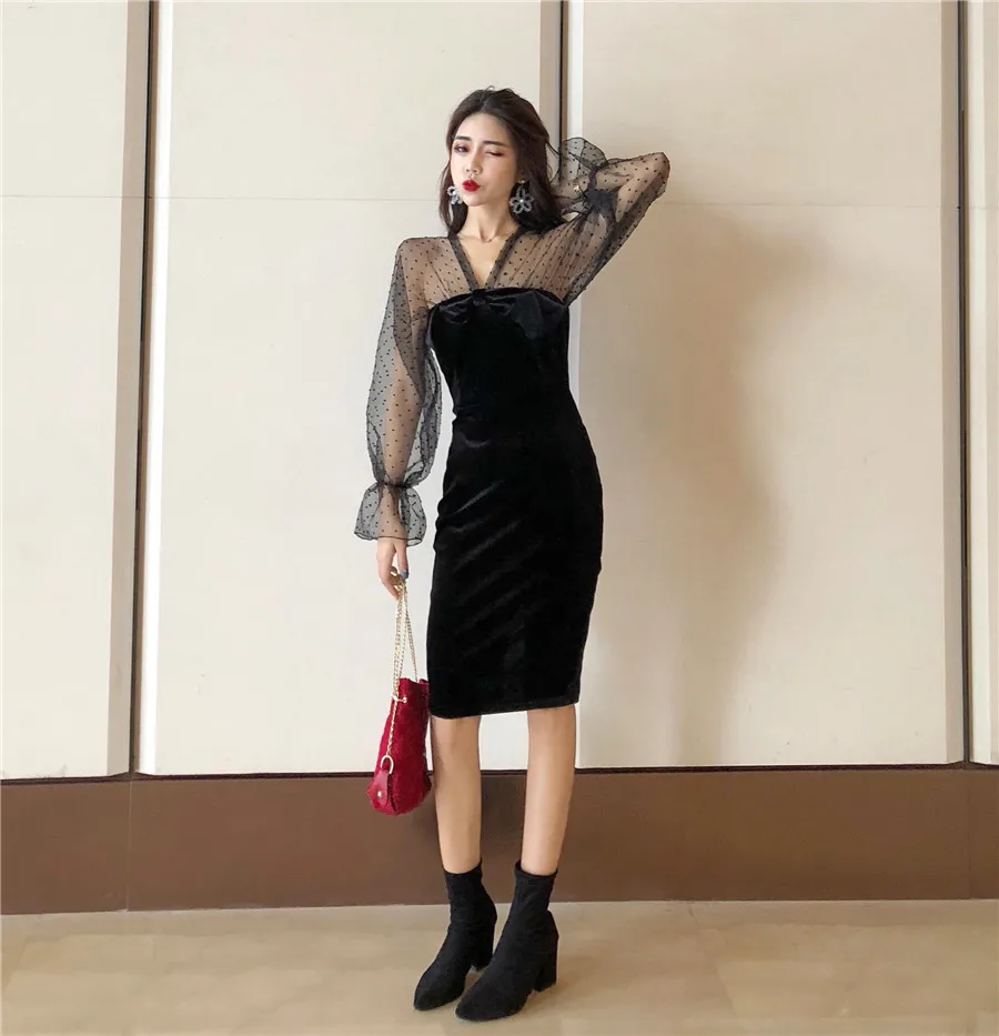 2018 новые женские платья прозрачные сетчатые в горошек с длинным рукавом и