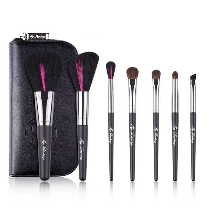 Black 7Pcs Makeup Brushes Set High Quality Goat Hair Soft Powder Blush Blending Eye Shadow Professional Cosmetic Brush with Bag | Красота и