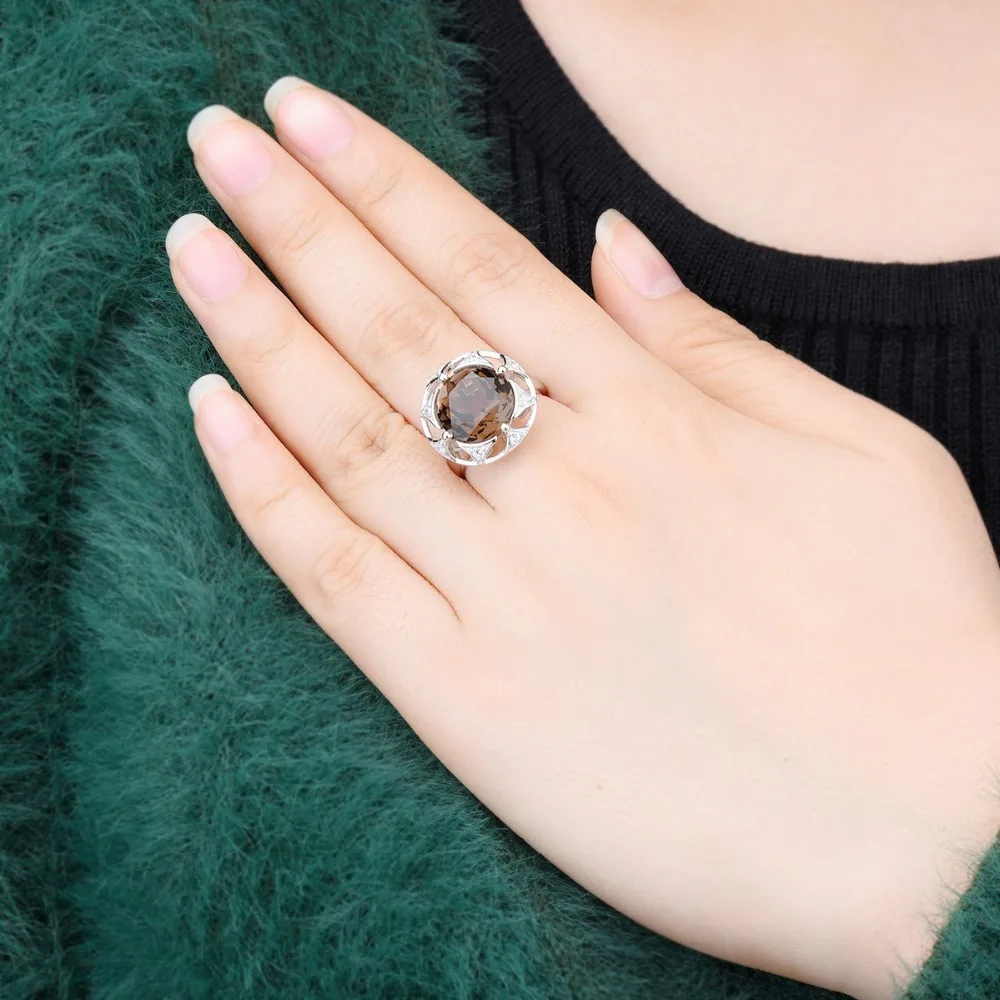 

Hutang 6.57ct Smoky Quartz Rings Natural Gemstone 925 Silver Adjustable Open Ring Fine Jewelry Elegant Design for Women New