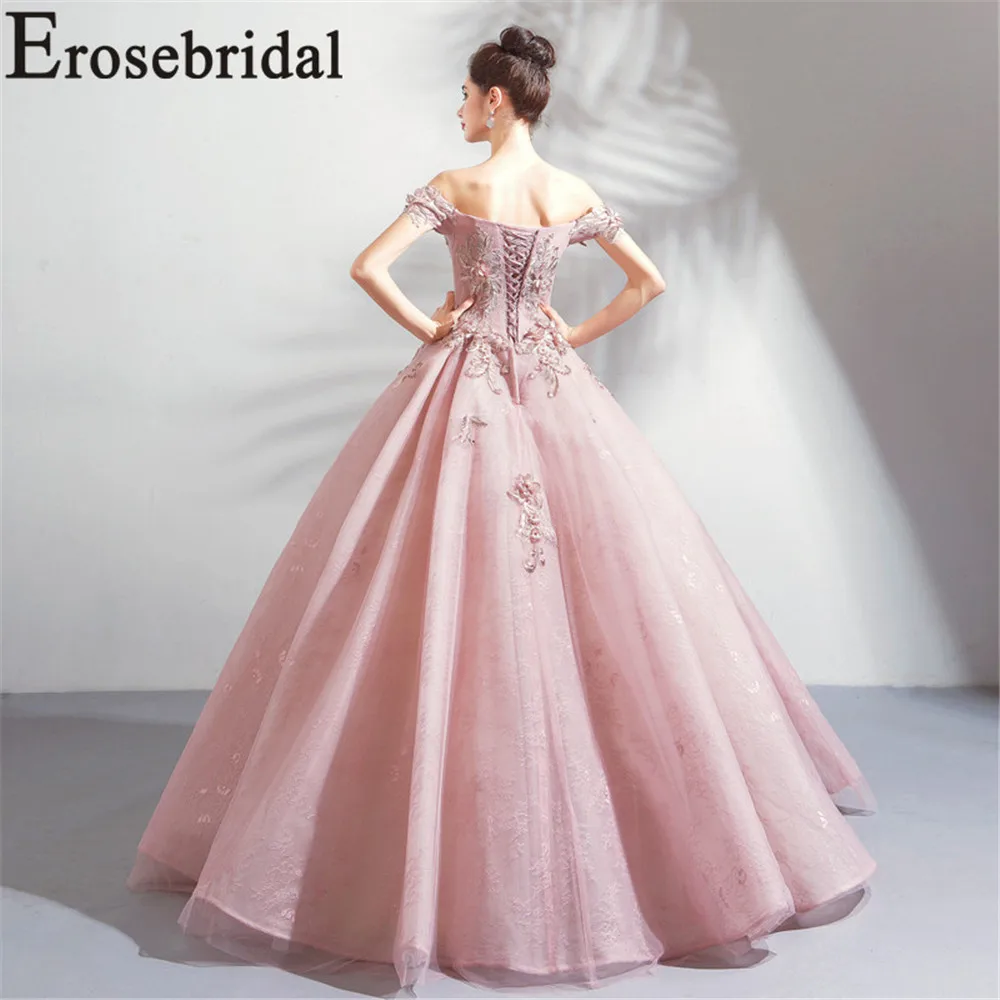Erosebridal бальное платье вечернее платье длинное кружевное 3D, украшение в виде цветка, формальный Для женщин Выходные туфли на выпускной вечерние платье розовый цвет со шнуровкой на спине