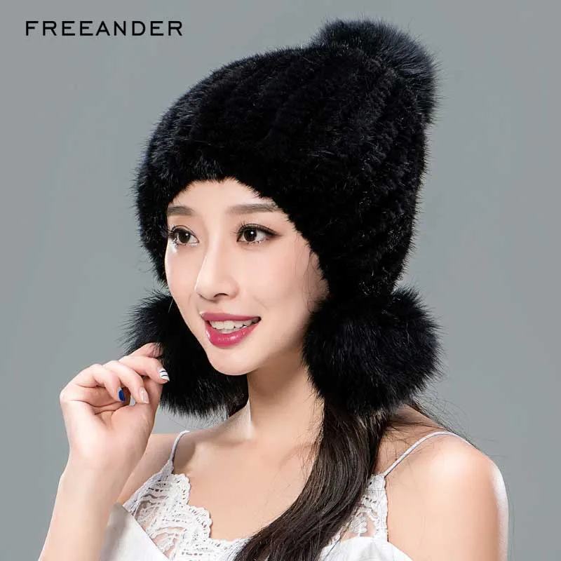 Женская шапка из меха норки Freeander черная и белая теплая шапка-ушанка с помпонами
