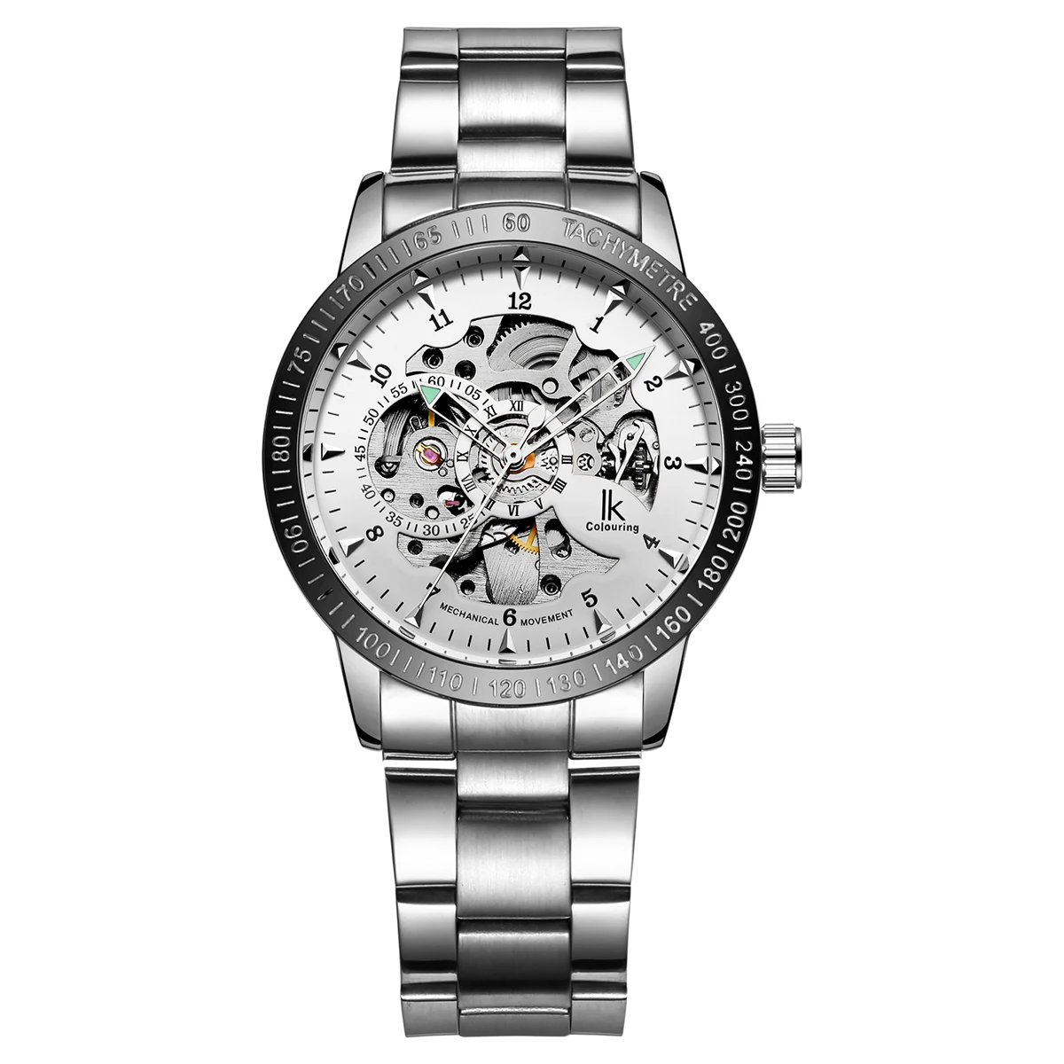 Silver white IK новые черные мужские наручные часы со скелетом античный из нержавеющей стали стимпанк повседневные автоматические тонкие механические часы мужские - Цвет: Silver white