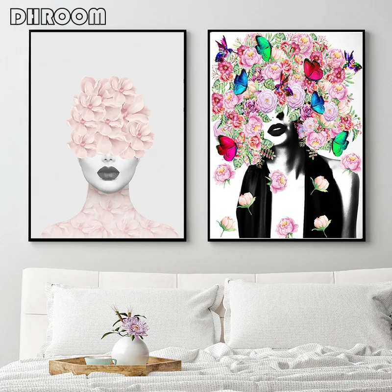 

Fashion Wall Art Woman Portrait Art Print Flowers Poster Bohemian Style Art Modern Wall Picture for Living Room Home Decor