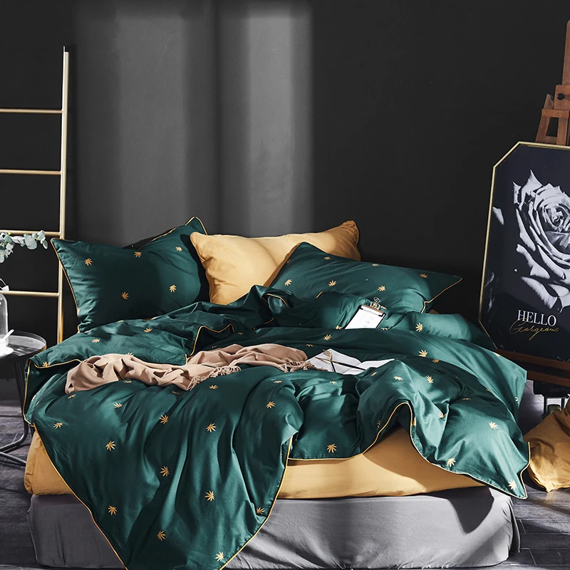 Зеленый серый черный с принтом 100% хлопок удобный комплект постельного белья