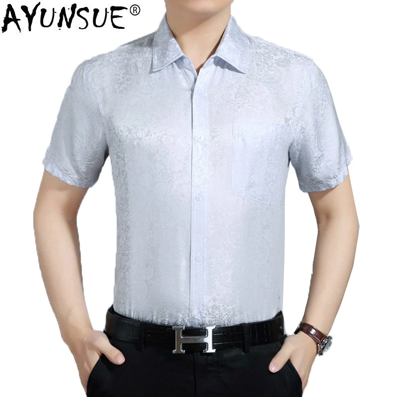 

AYUSNUE Summer 100%Silk Shirt Men White Short Sleeve Shirt High Quality Men Dress Shirts Korean Social Camisa Hombre 2984 KJ1940