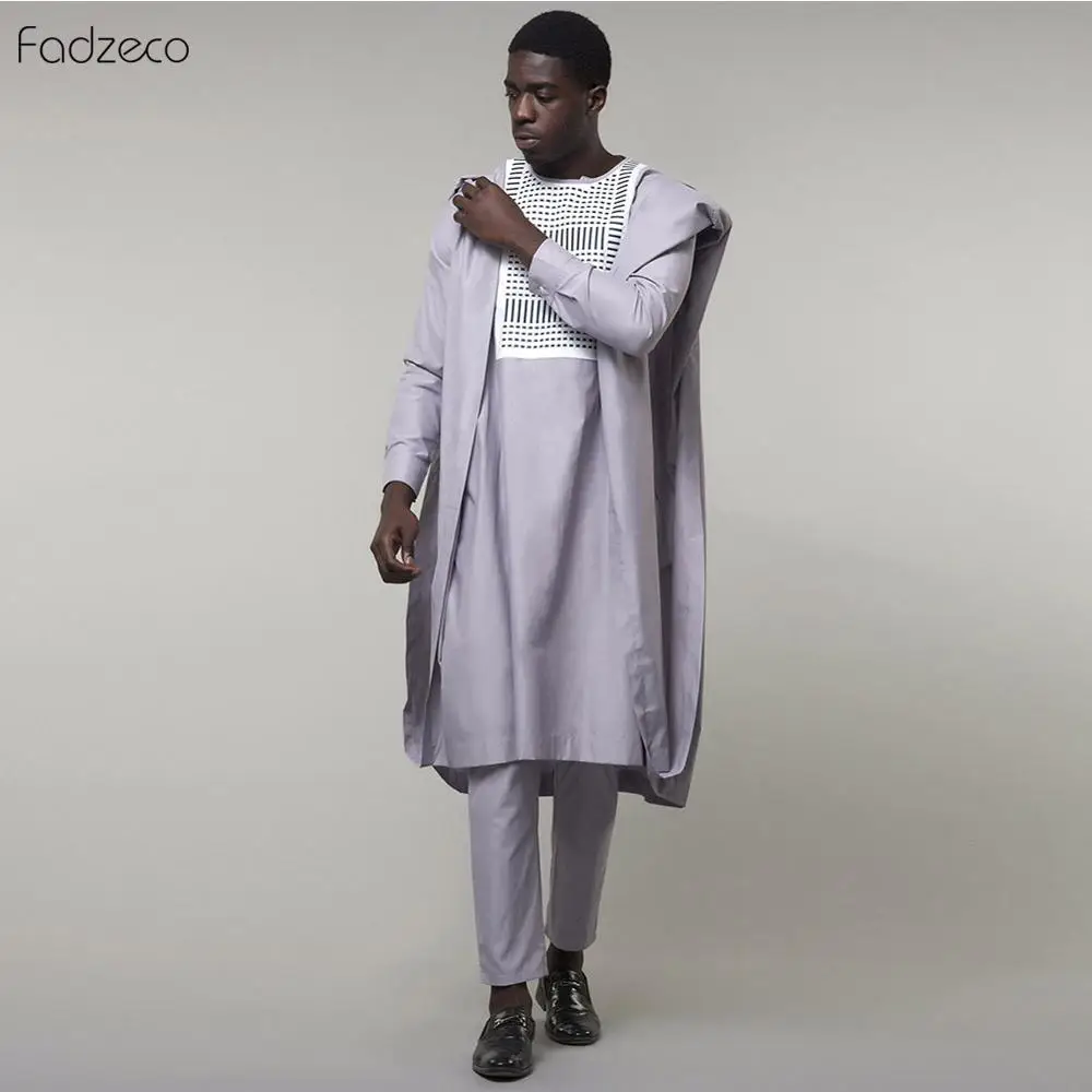 Fadzeco Agbada 2019 Мужская африканская 3 шт. размера плюс Dashiki белая вышивка приталенная