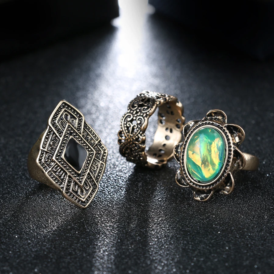 Роскошные 3 шт./компл. винтажные цветные яркие кольца для женщин древние золотые