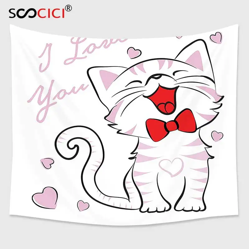 

Настенный Гобелен Cutom, коллекция украшений для влюбленных кошек, Веселый Кот с галстуком-бабочкой и надписью «I Love You», сердца, радостное изображение
