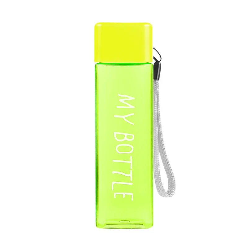 Transparent Green Новинка, My bottle, квадратные пластиковые бутылки для воды, для питья, 500 мл, бутылка для воды с веревкой, прозрачная или матовая, Спортивная, корейский стиль - Цвет: Transparent Green