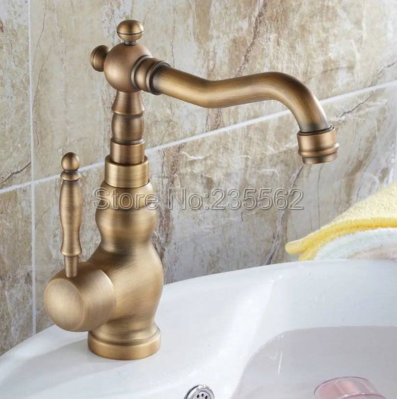 

Single Handle Antique Brass Bathroom Basin Faucet Washbasin and Vessel Sink Faucets Swivel Spout Mixer Taps lnf258