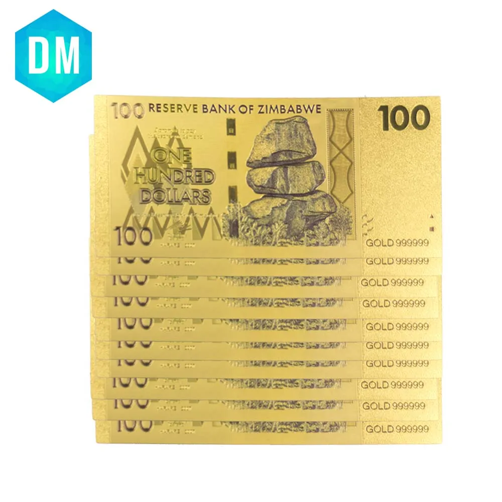 

10pcs 100 Dollar Zimbabwe 24k Gold Banknote Collectible 999.9 Gold Foil Note Money Home Decorative Paper Money for Collections