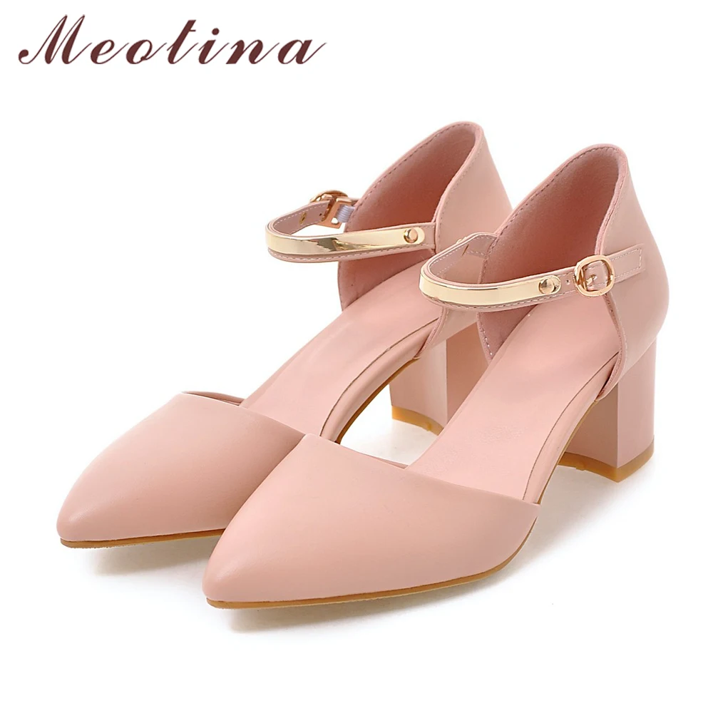 Женские туфли с острым носком Meotina синие лодочки на толстом каблуке ремешком