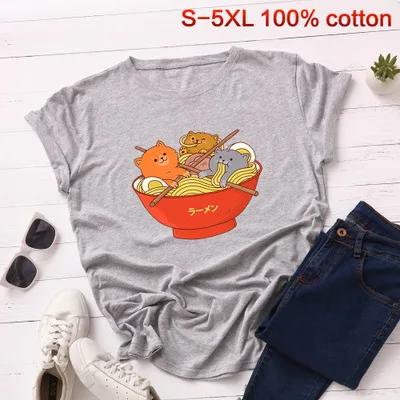 light gray SINGRAIN Женская негабаритная футболка с рисунком Харадзюку летняя свободная забавная Базовая хлопковая футболка Новая Милая футболка с принтом кошки едят лапшу - Цвет: light gray