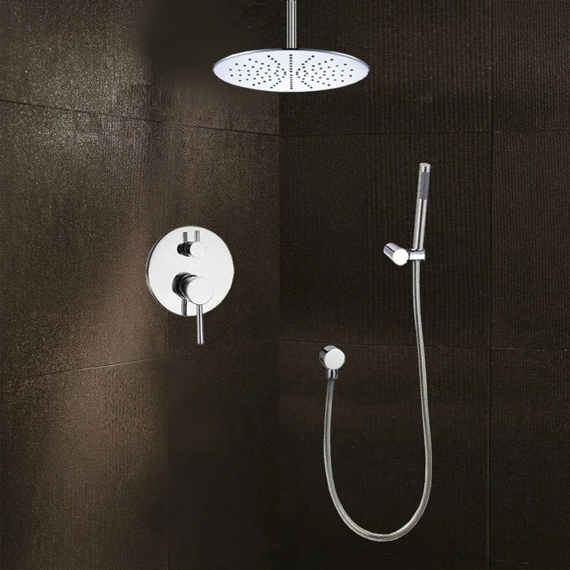 Современный круглый хромированный смеситель с дождевой насадкой 2 вида ручной