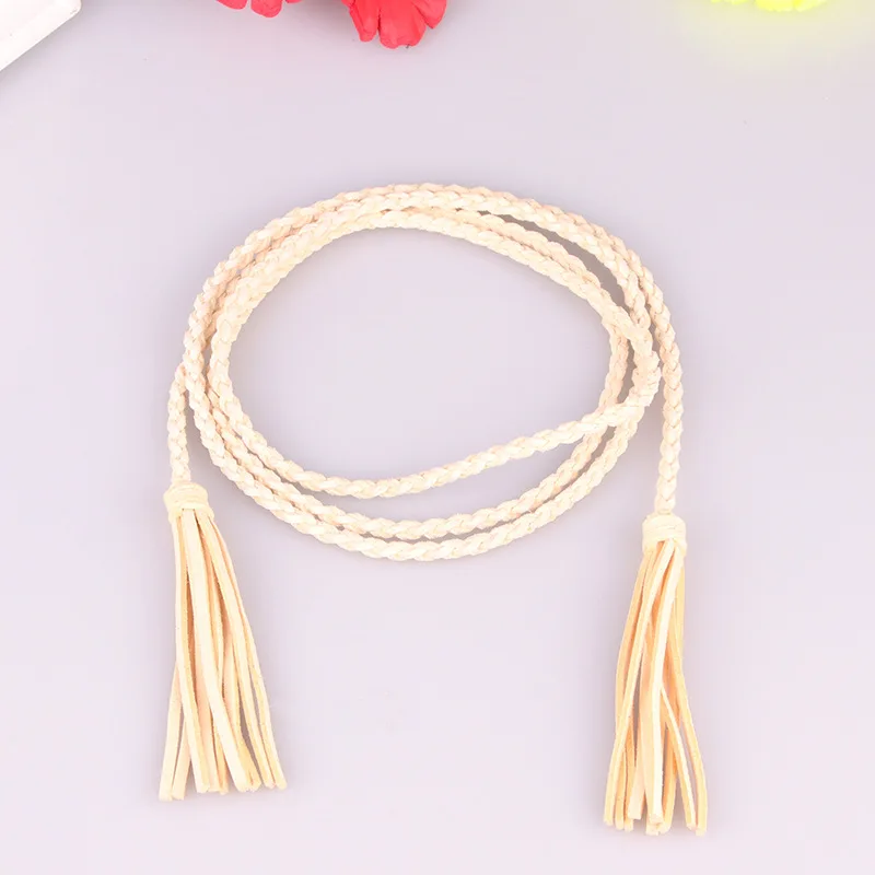beige Renie SEAN плетеный кожаный женский ремень, тонкие женские ремни с кисточками для платьев, яркие цвета,, Летний зеленый женский ремень на шнуровке - Цвет: beige