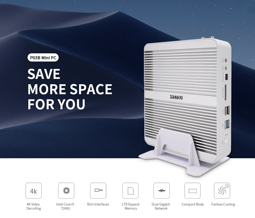 HYSTOU P03B Windows 10 Mini PC Intel Core I5 7260U Intel HD Graphics 640 Expandable 1TB 2.4G WiFi 1000Mbps BT4.0 PC