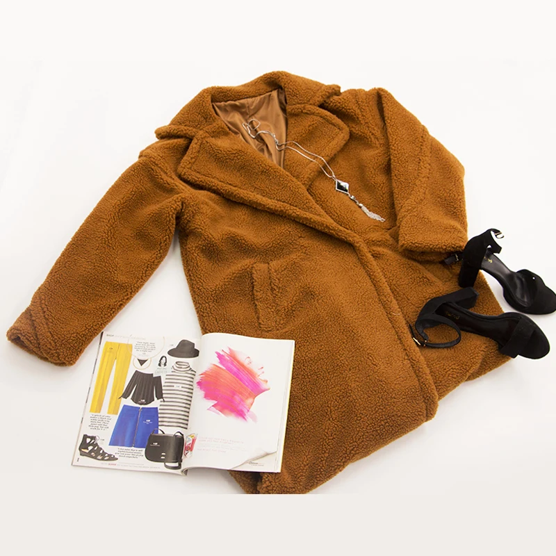 COLROVIE Brown Solid Pocket Open Front Casual Teddy Coat Women Autumn Fashion Warm Long Coat Office Ladies Elegant Outwear