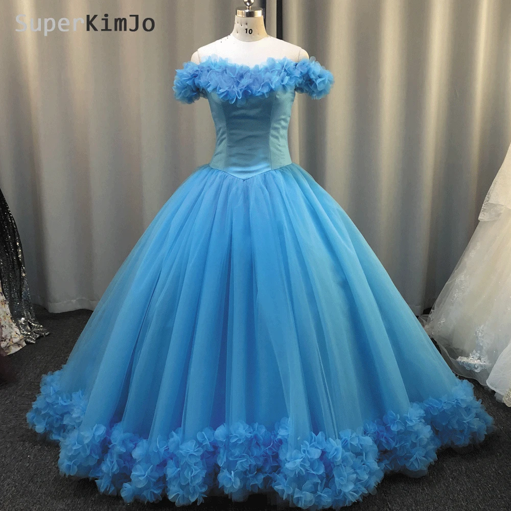 

SuperKimJo Ball Gown Prom Dress 2020 Handmade Flowers Blue Off the Shoulder Prom Dresses Vestido De Graduation