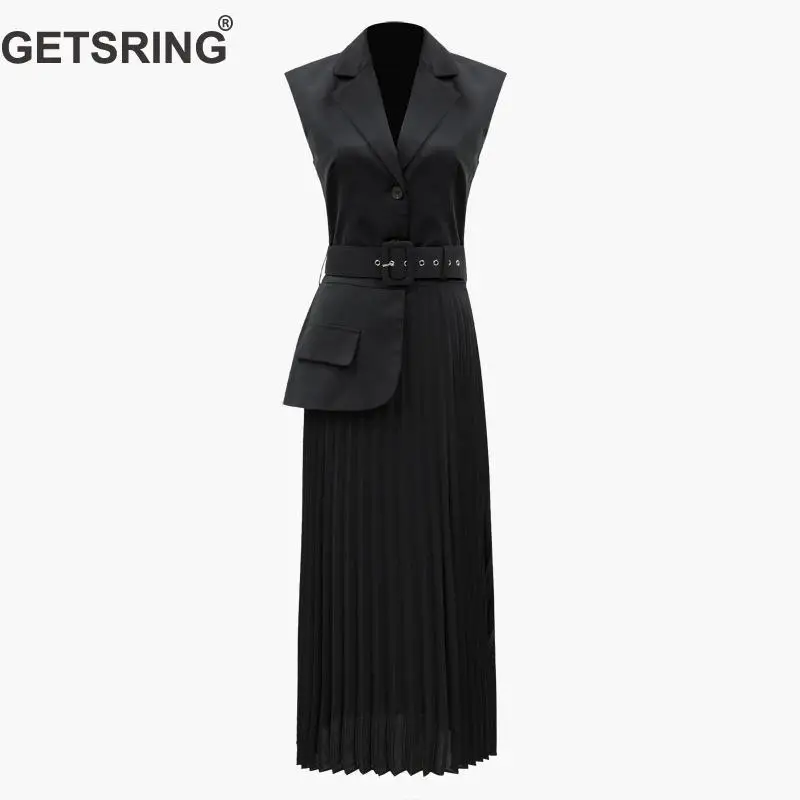GETSRING, женское платье, без рукавов, длинные, плиссированные платья, сшитые, поддельные, два, женское платье, высокая талия, тонкое, длинное платье, весна, новинка
