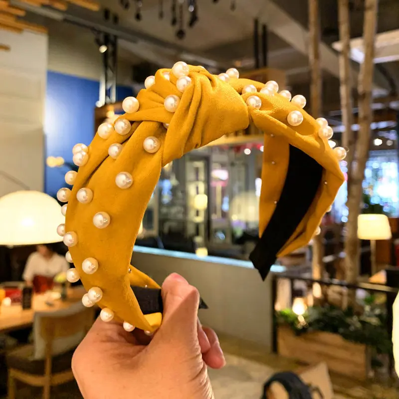 Женская повязка на голову с жемчугом однотонная из коралловой ткани модный