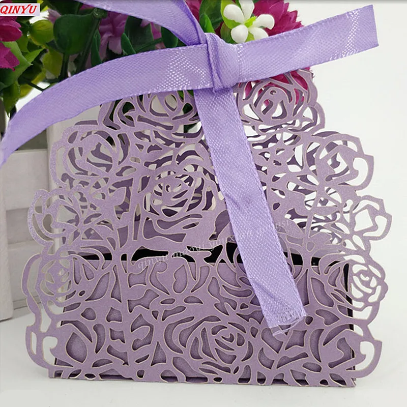 Light purple 50 шт. лазерная резка розы украшения из бумаги для свадьбы Подарочная коробка для конфет шоколадная упаковка вечерние принадлежности драже коробка 5Z - Цвет: Light purple