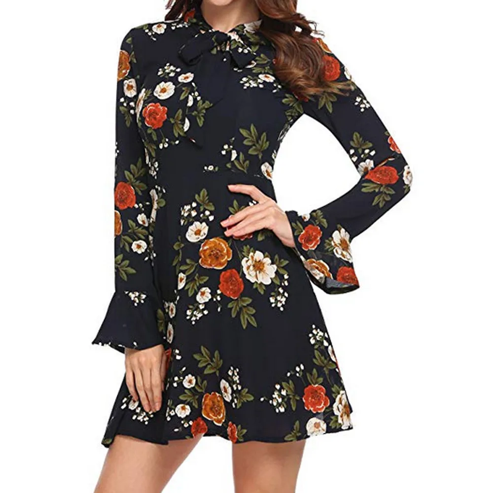 Женское платье модные праздничные платья с длинными рукавами бантом и круглым