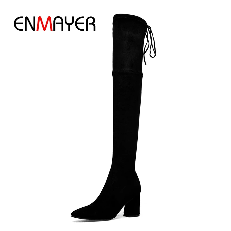 

ENMAYER Новые модные женские сапоги выше колена на высоком каблуке с острым носком теплые плюшевые зимние сапоги размеры 34-40 ZYL933