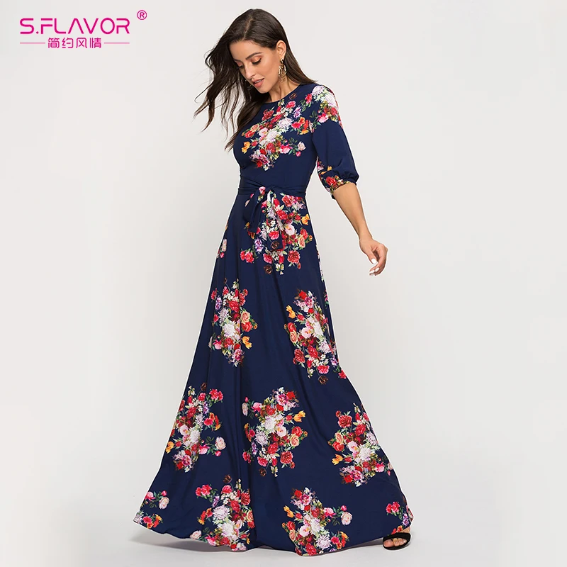 Женское длинное платье-трапеция S.FLAVOR элегантное винтажное темно-синее платье