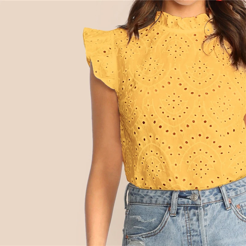 SHEIN модный топ с рюшами, вышивкой и ушками, Boho, белый, розовый, однотонный, без рукавов, со стоячим воротником, блузка, Женские топы и блузки